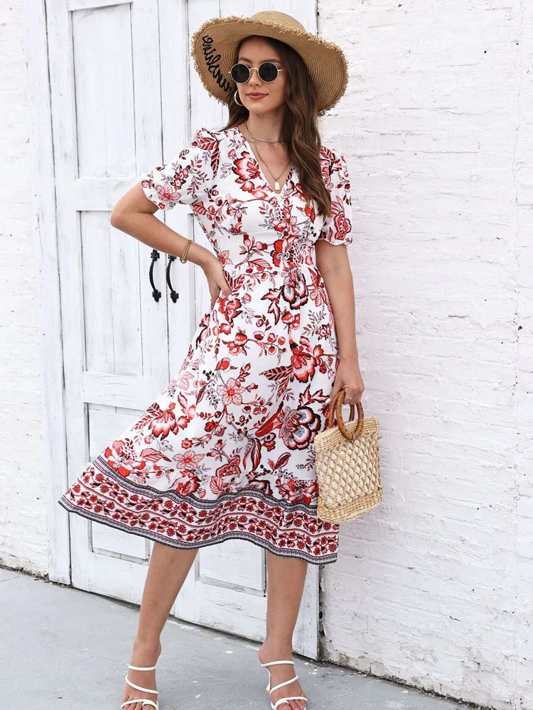 FSMG Elegante stampa floreale con scollo a V mezza manica a sbuffo Boho Maxi abito dolce stile etnico vacanza al mare abito lungo abiti da festa da sera