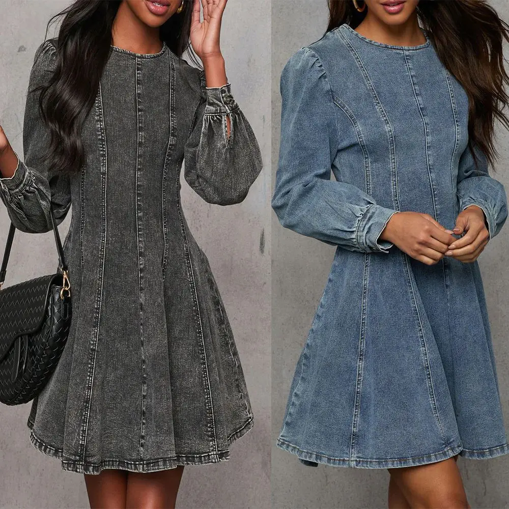 

European And American Autumn, Fashionable And Casual Waist Women's Denim Long-sleeved Dress