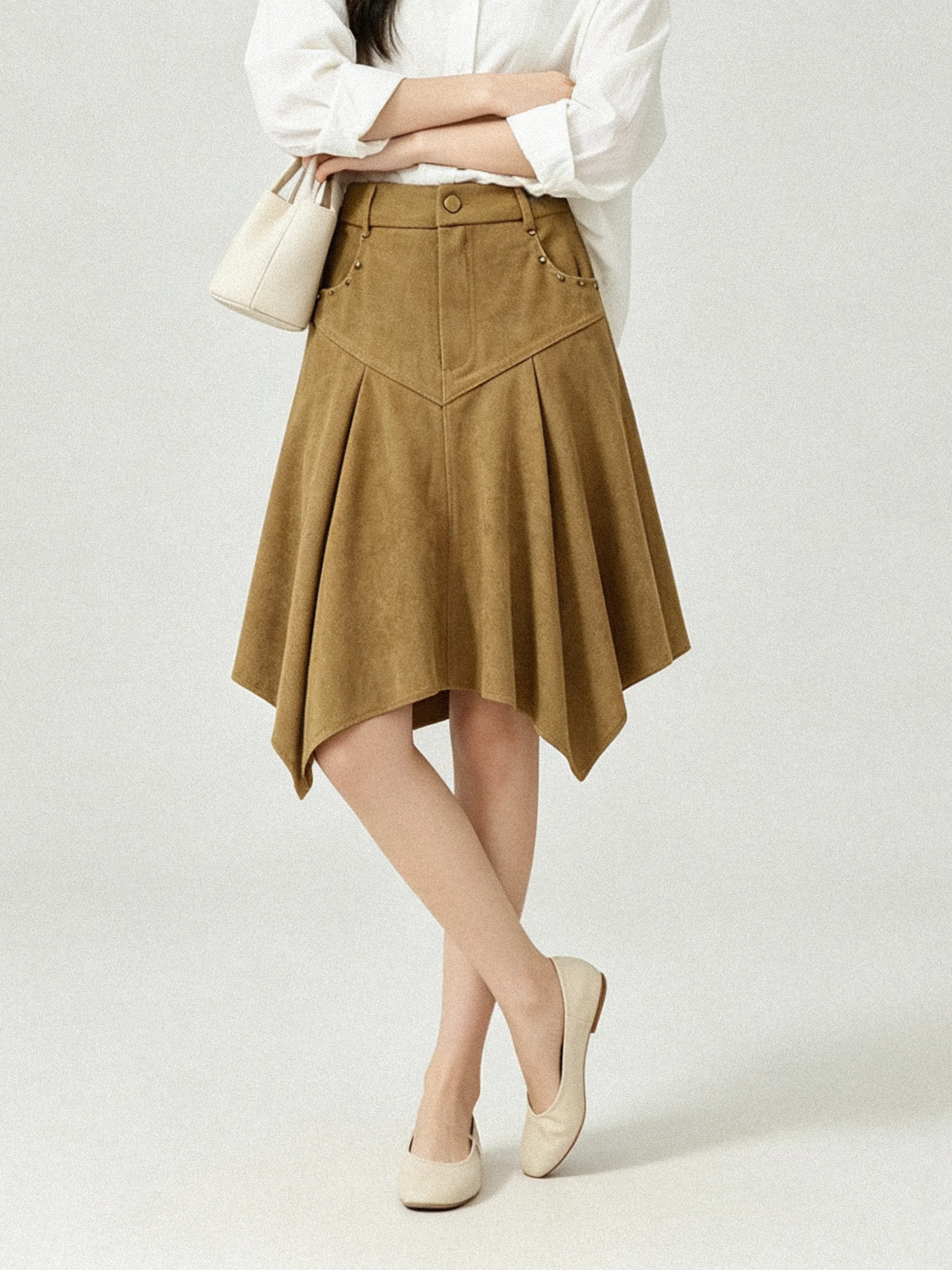 High Waist Suede Skirt Elastic Waist Asymmetrical Korean Style Half Body Skirt Early Autumn Midi Skirt Atmosphere Feeling
