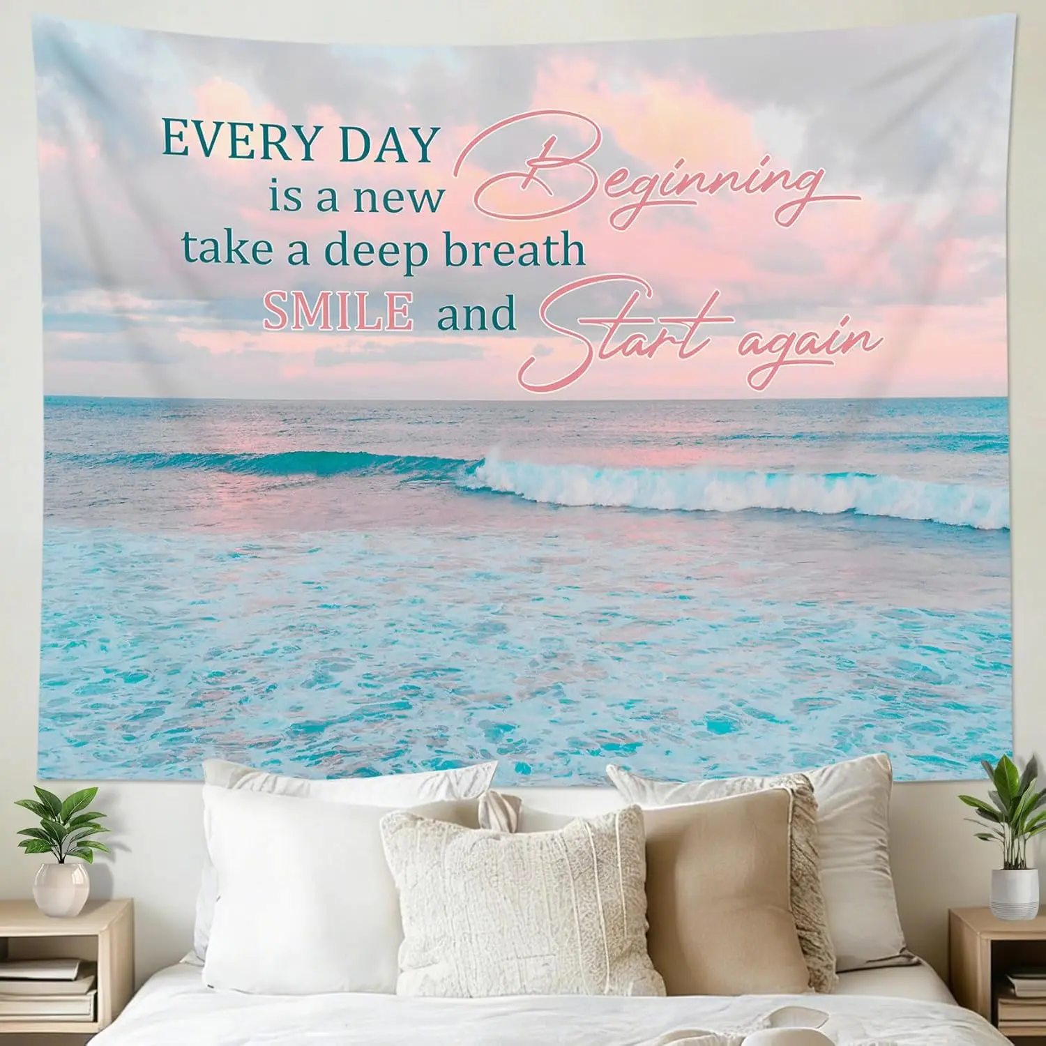 Bohemian Beach Tapestry Wall Hanging Ocean Quote Decor Inspirational Art Fabric Polyester for Living Room Bedroom Boho Coastal D