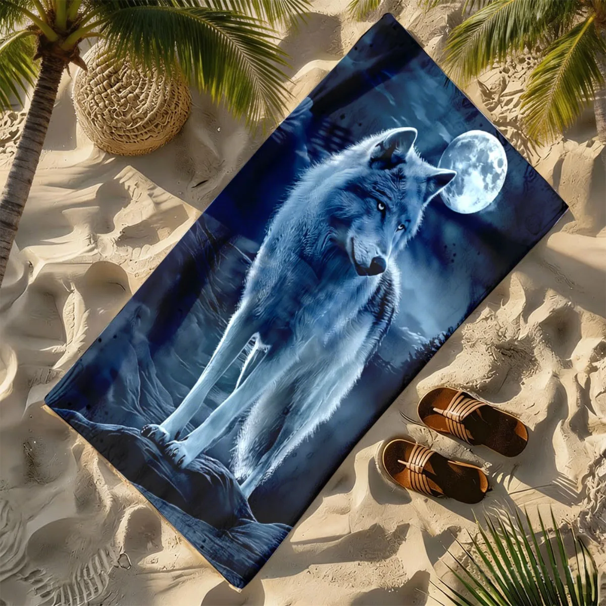 

Moonlit Night - White Wolf Theme polyester microfiber beach towel is highly absorbent, suitable for swimming and beach outings