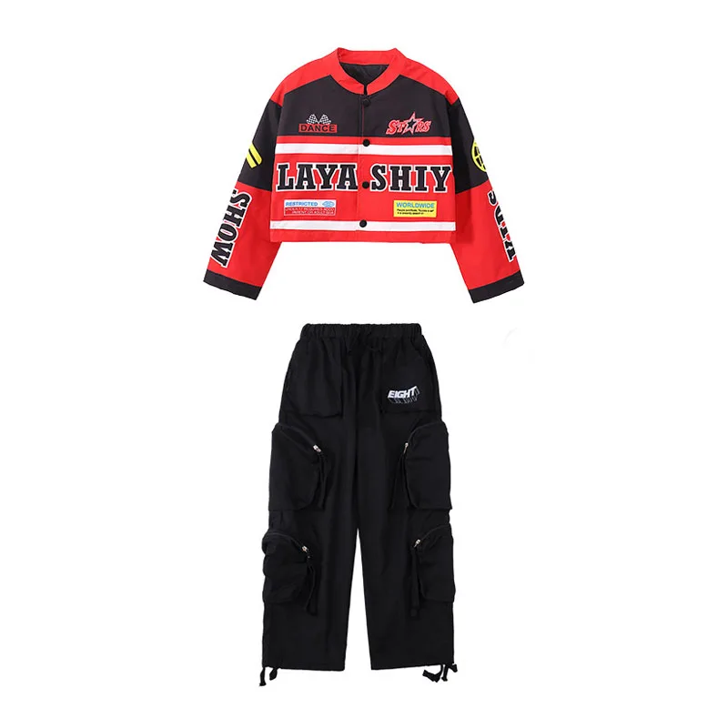 Kid Hip Hop Clothing Black Red Print Jacket Crop Top Casual Multi Pockets Cargo Pants for Girls Boys Jazz Dance Costumes Clothes