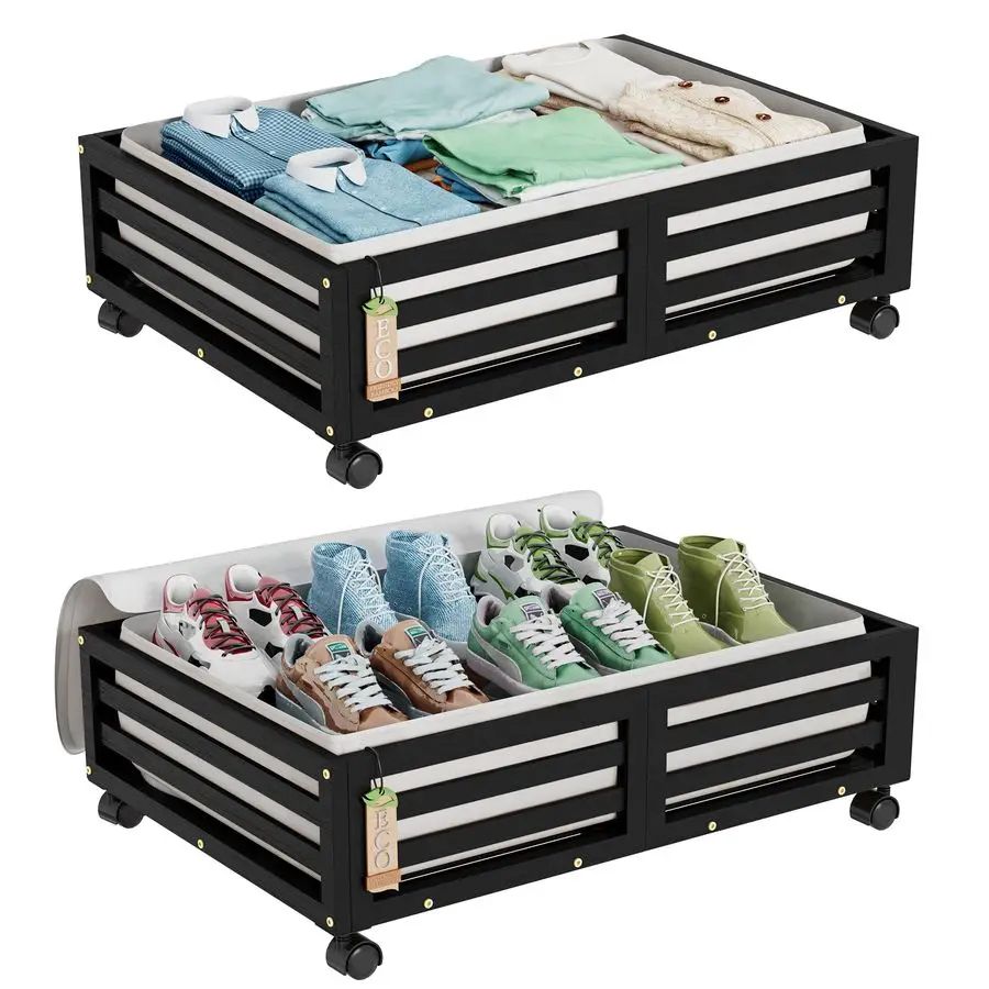 

Bamboo Under Bed Storage Containers Underbed Organizer with Wheels with Large Dust Bag,Sturdy Wood Rolling Under the Bed Shoe St