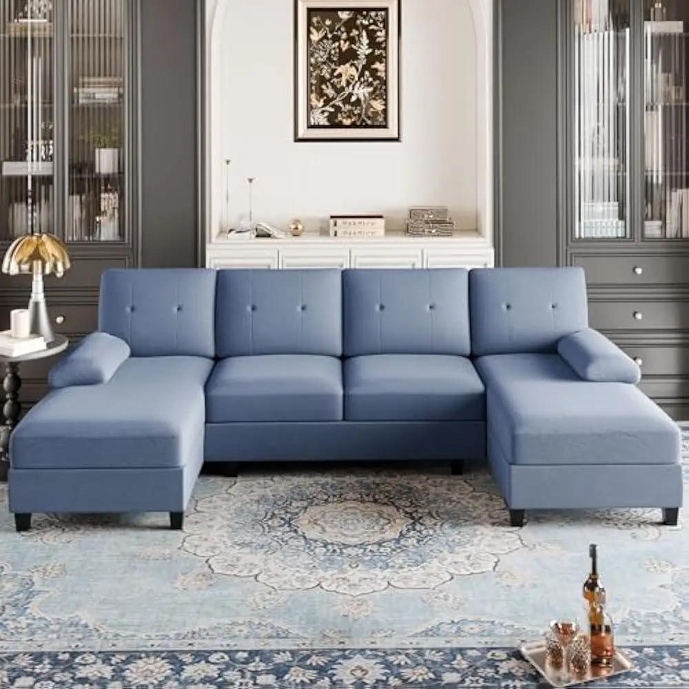 Sectional Couches for Living Room, U Shaped Sofa Couch with Double Chaise, 4-Seat Living Room Furniture Sets with Soft, Blue