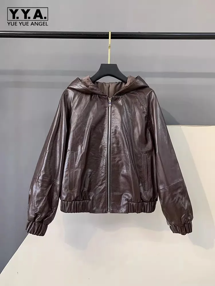 Giacca da donna in pelle di vacchetta cerata olio di alta qualità Autunno nuovo cappotto corto con cappuccio Cerniera Cappotto da donna retrò Giacche casual in vera pelle