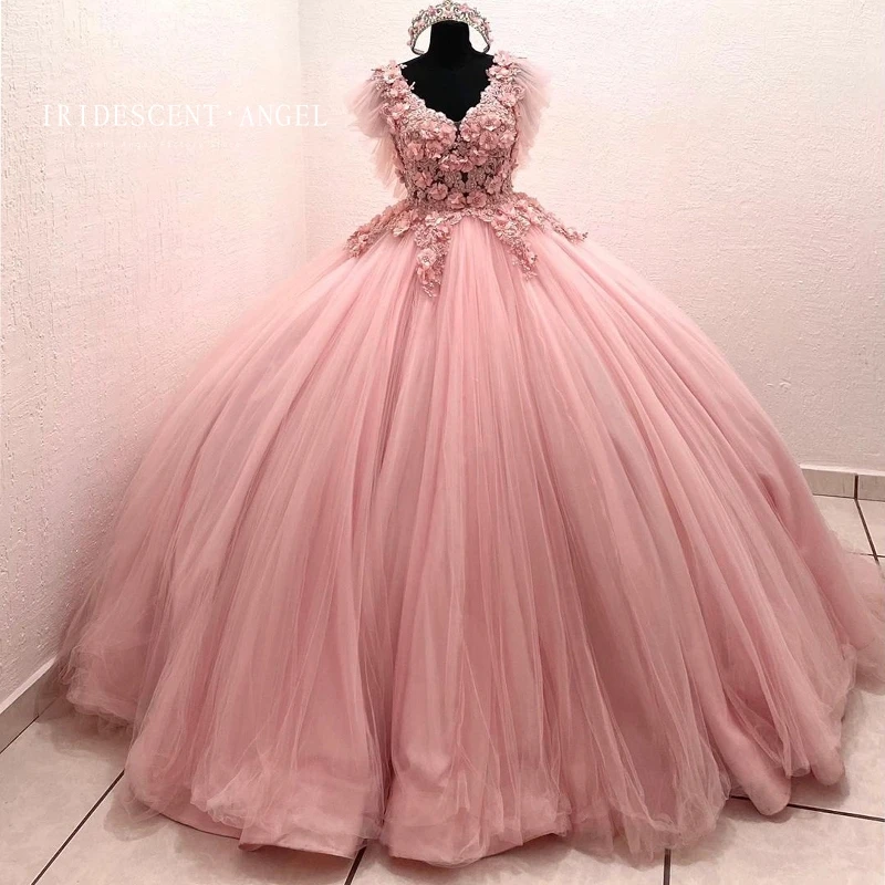 

IRIDESCENT Romantic Pink Ball Gown 3D Floral Quinceanera Dresses 15 Year Old Girls Vestido De 15 Años Brithday Dance Party