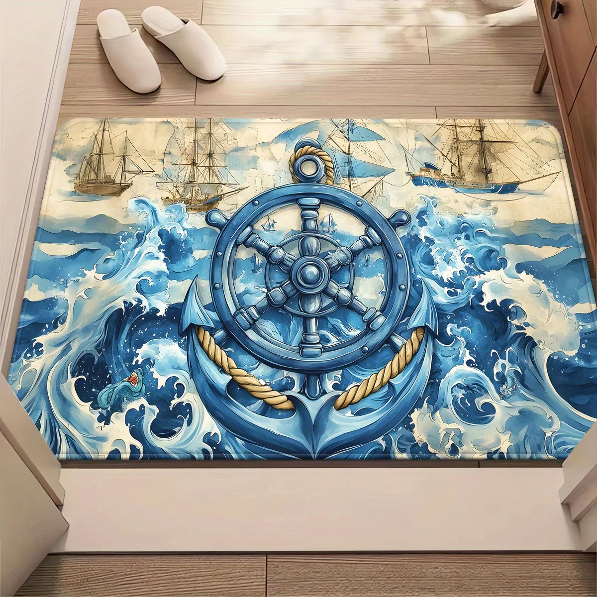 3D Nautical Rug Flannel Soft Kids Carpet Anchor Wheel Print Bedroom Kitchen Floor Mat Anti Slip