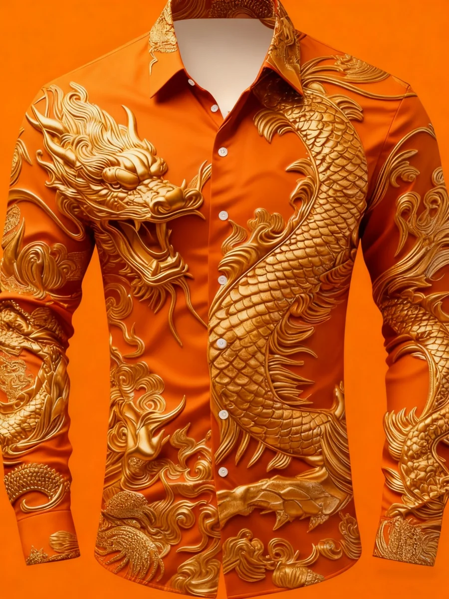 أحدث قميص رجالي عصري بنمط التنين الأسطوري، قميص كاجوال عصري بأزرار سفلية وأكمام طويلة، شحن سريع.