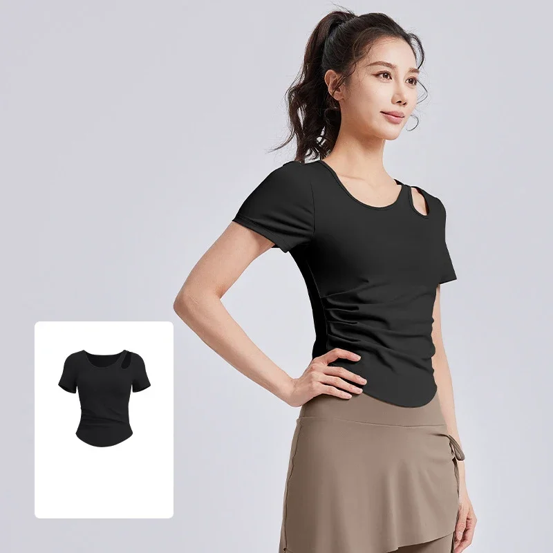 2026 Women Moisture Wicking Yoga Top Trend Ruched Design Sports T-shirt with Built-In Pads Naked Feeling Breathable Workout Tops