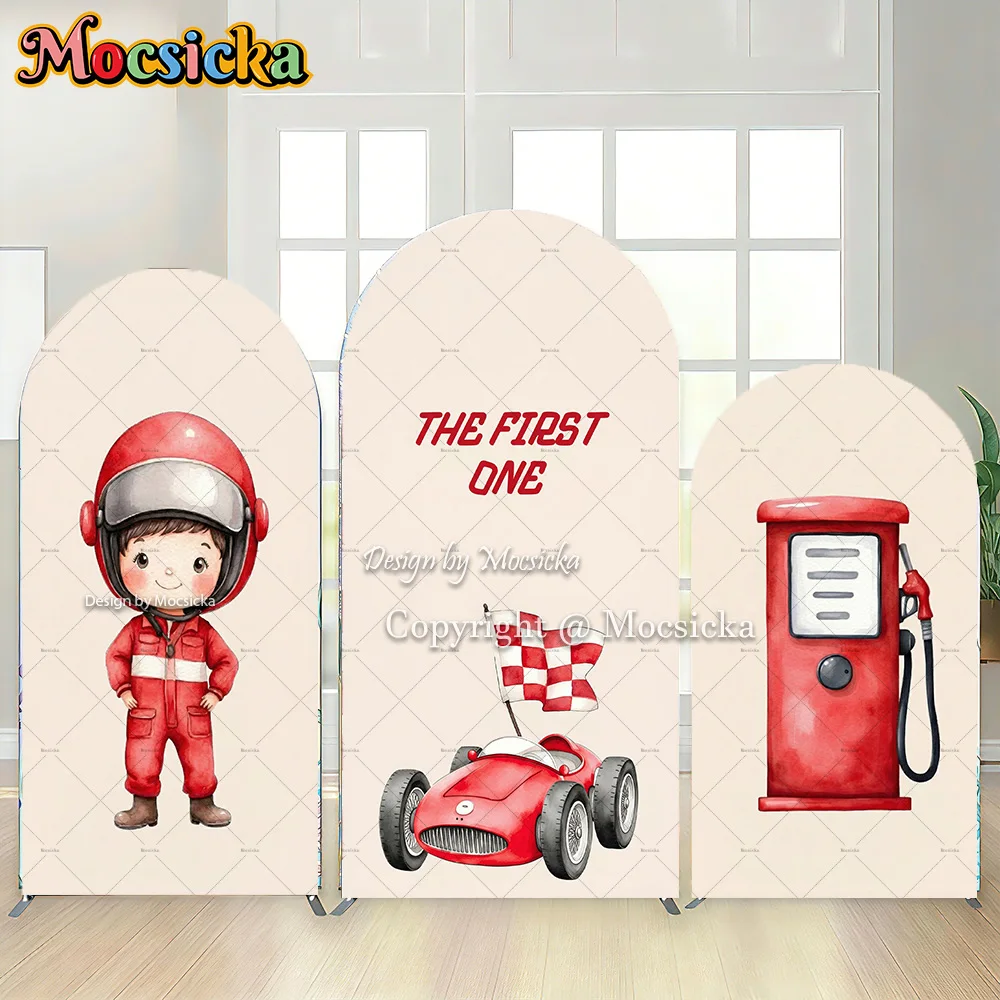

Фон для фотосессии Mocsicka Racing Boy: Декоративный арочный фон для дня рождения в стиле гонок, красный, с изображением гонщика и АЗС, для детских фотосессий