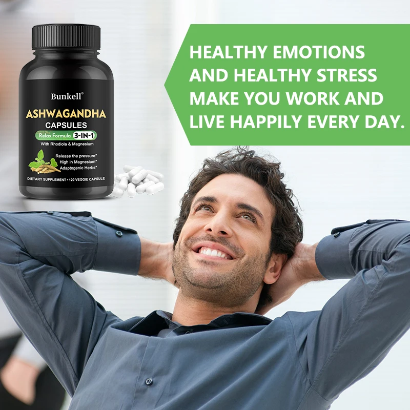 Organic Ashwagandha - 120 Veggie Capsules 3-in-1 with Rhodiola Rosea & Magnesium - Stress Relief, Mood, Focus, Brain Function