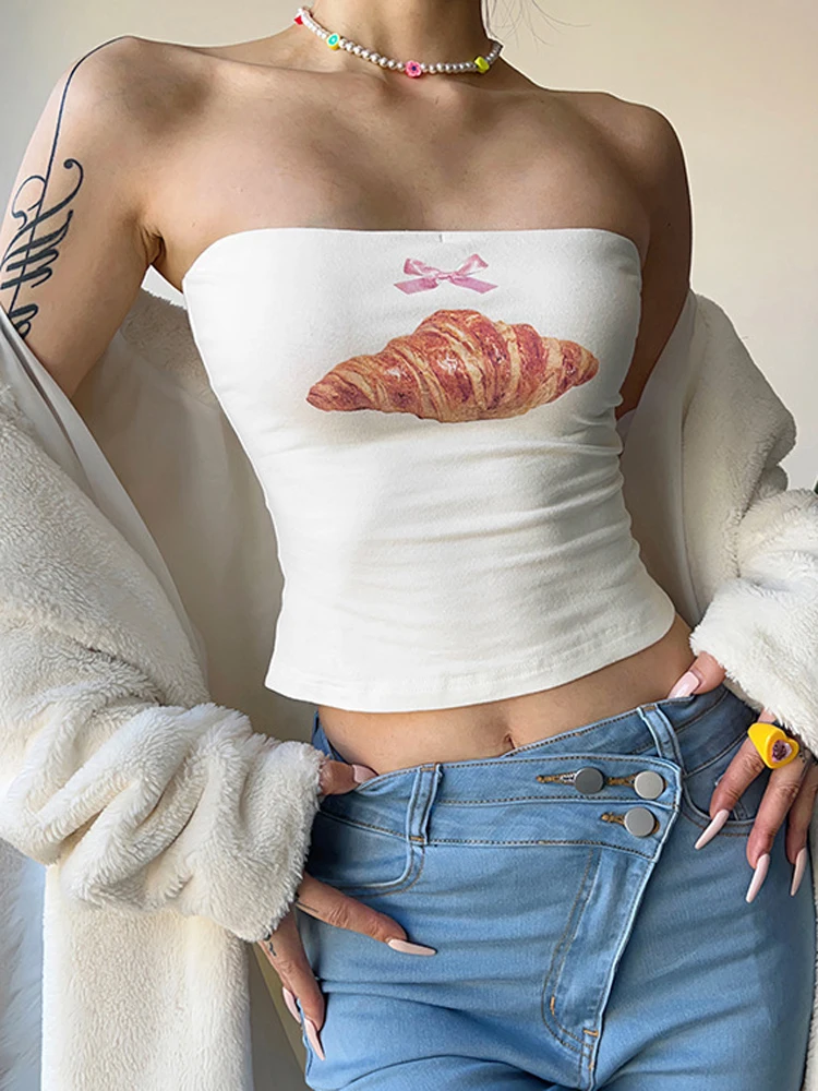

FSMG Fashion American Bread Pattern Tube Top Sexy Off The Shoulder Crop Chest Hugging Vest Summer Casual Versatile Base Shirt