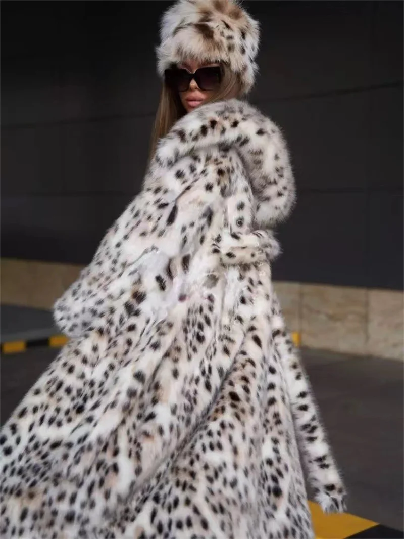 2 Color Winter Warm Loose Plush Windbreaker With Hat Women Faux Fox Fur Black White Dot Leopard Coat Ladies Thick Long Overcoat