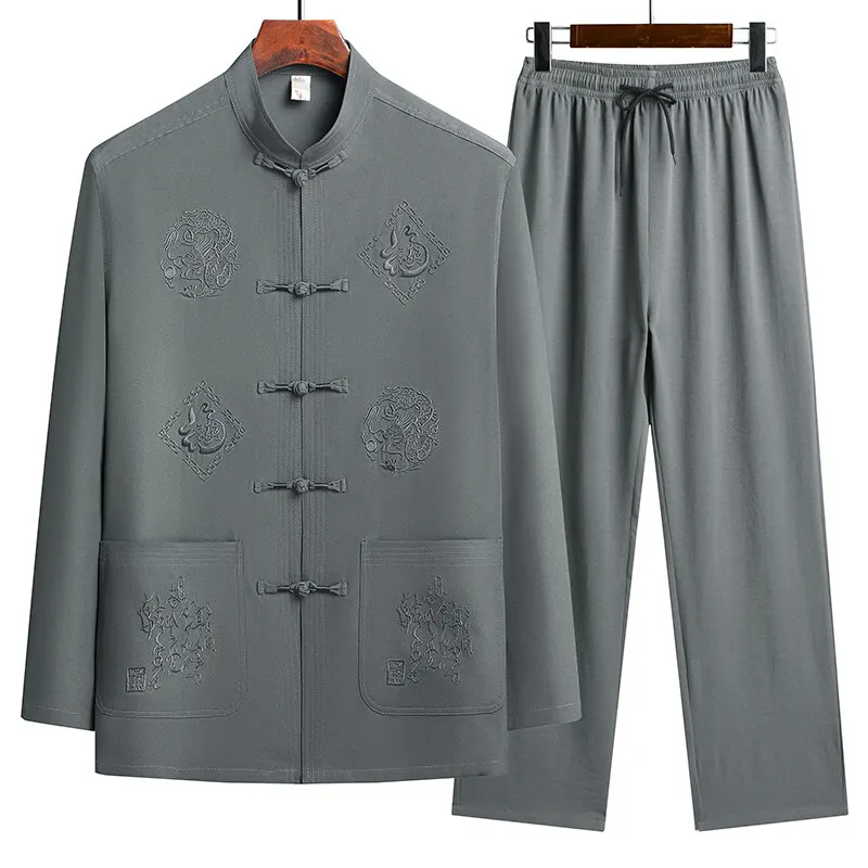 

Костюмы (рубашка + брюки) 2026: Новинка осенней коллекции. Мужской повседневный спортивный комплект в китайском стиле. Модные весенние комплекты: рубашка и брюки.