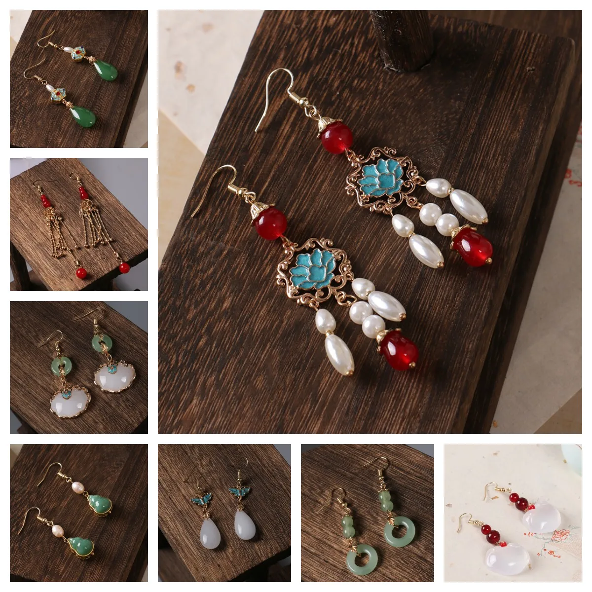 Orecchini pendenti in giada cinese retrรฒ per le donne colore dorato smalto perla nappa gioielli di lusso Design con ciondoli etnici regali con Clip