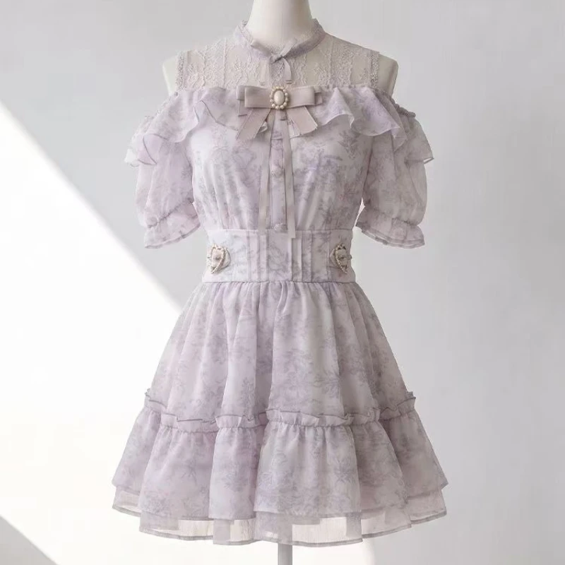 Japanese Sweet Lolita Skirt Set Women Kawaii Bow Lace Off Shoulder Top High Waist Flower Print Mini Skirt Female Korean Y2k Suit