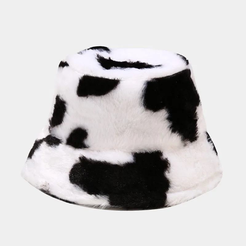 Panda Print Faux Fur Bucket Hat Winter Cap For Women Men Outdoor Warm Fluffy Fisherman Hats Panama Bob