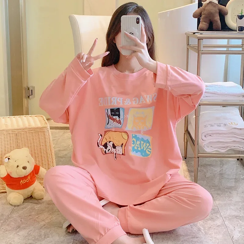 플러스 사이즈 여성용 잠옷 세트, 긴 소매 홈웨어, 라지 사이즈, 느슨한 만화 라운지웨어, 카와이 잠옷, 가을 용수철 모델, 5XL