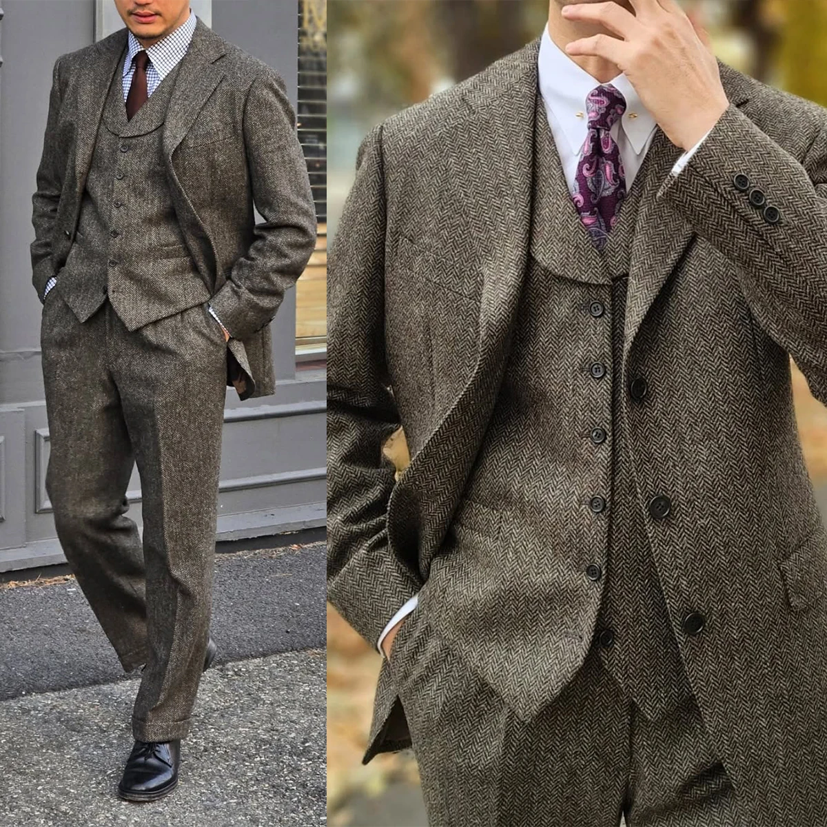 Winter Herringbone Men Suits 3 Pieces Plus Size Notch Lapel Blazer Customized Formal Tuxedos Warm Business Suits