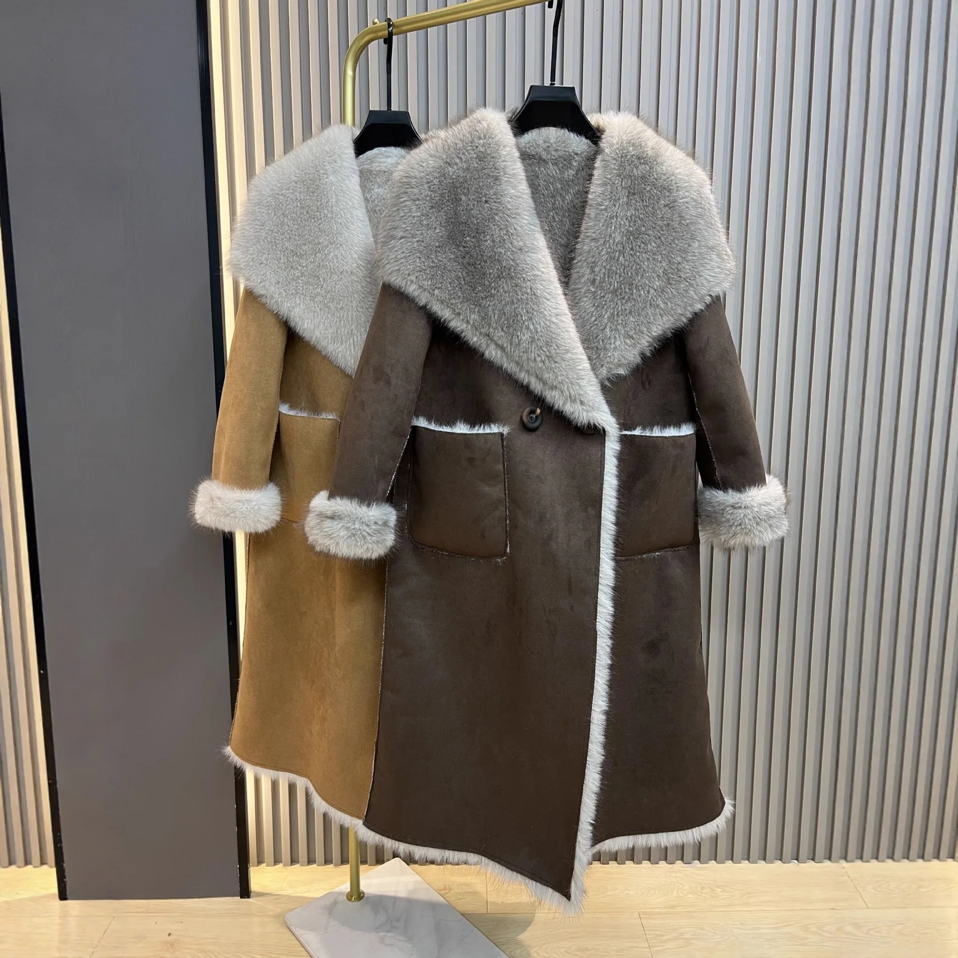 

Женское зимнее пальто-тренч из искусственного меха, новое, утепленное, с длинным цельным меховым воротником, свободного кроя, теплое