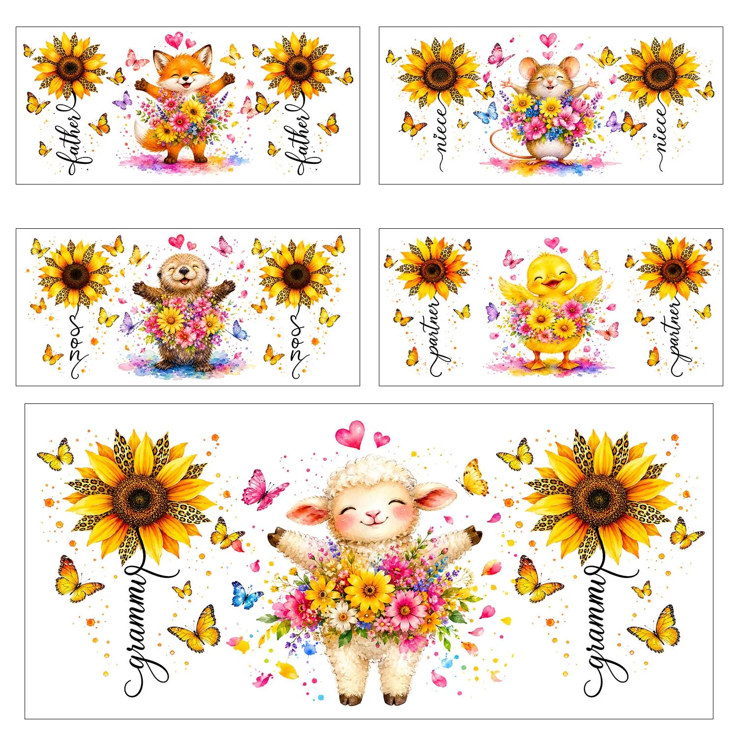5 Sheets Sunflower Animals Theme UV DTF Sticker Party DIY Decals 3D transfers uvdtf Tumbler Stickers 16oz uv dtf cup wraps