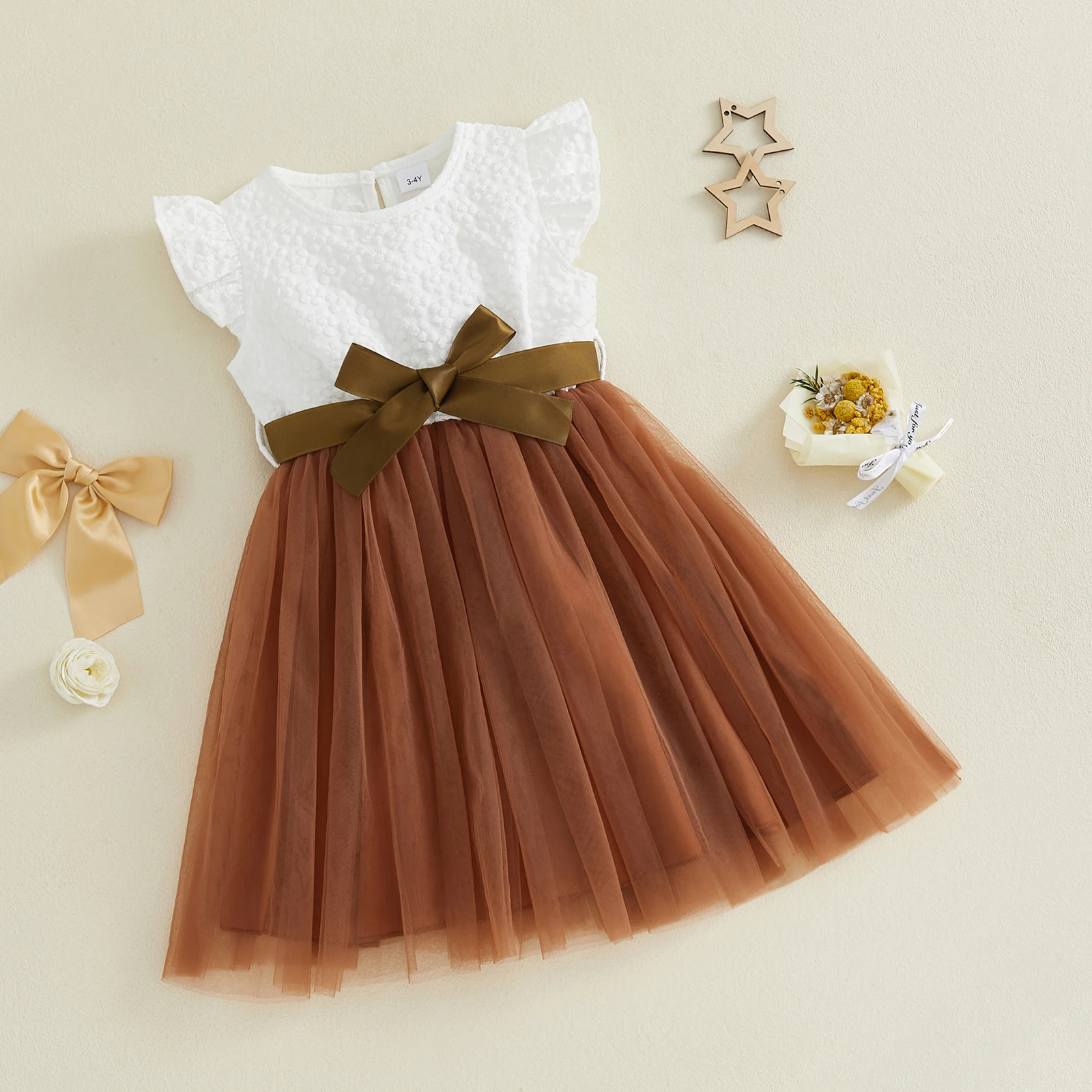 3-10Y Little Girls Summer Princess Party Dress Flying Sleeve Crew Neck Contrast Color Patchwork Tulle Mesh Dress with Belt