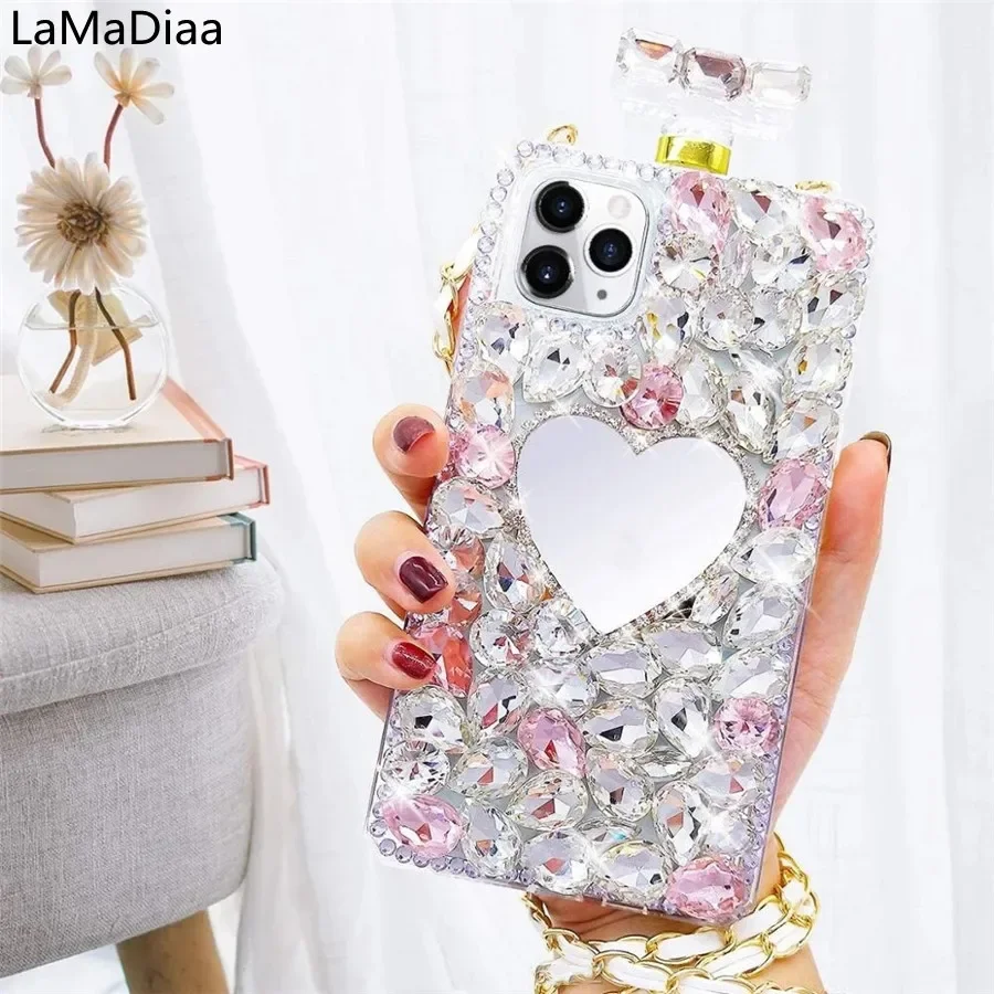 

Perfume Bottle Lanyard Case, Luxury Bling Diamond, Love Heart, Mirror, for Samsung S24, S20, S21, S22, S23Ultra, Note20