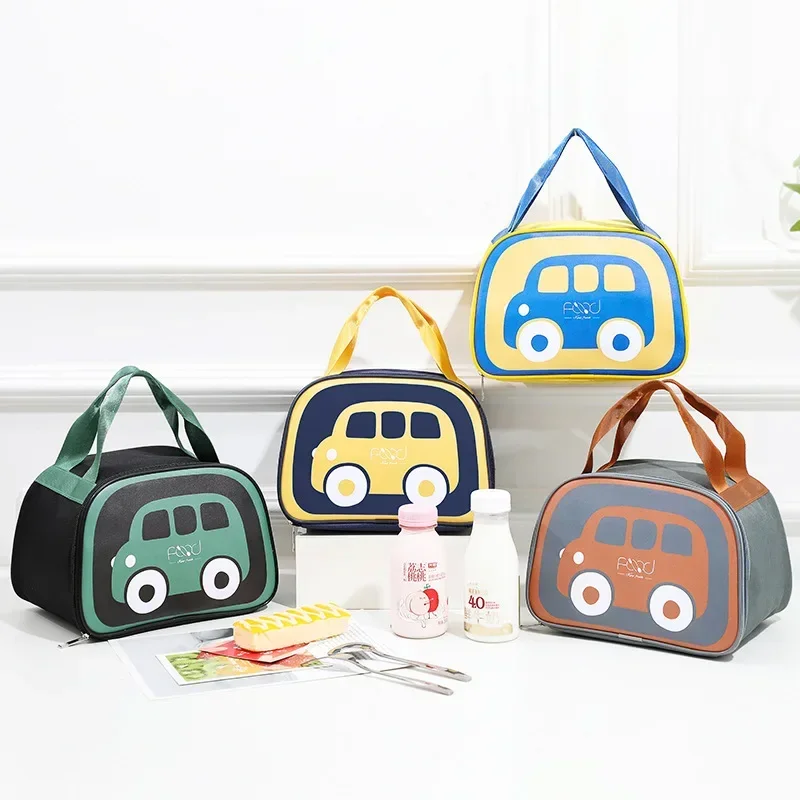 Student Lunch Bag Portable Insulated Thermal Lunch Box Picnic Food Fresh Cooler Bags Cute Cartoon Car Children Handbag حقائب