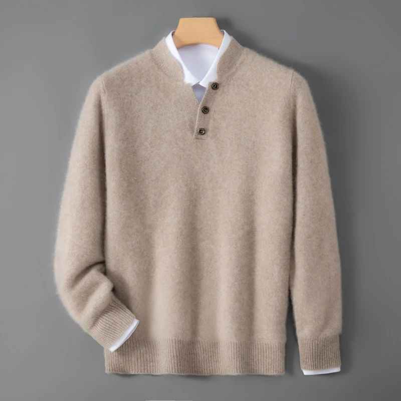 100% Pure Wool Sweater Autumn And Winter Stand-Up Collar Buttoned Front Men'S Knitted Top Pullover Warm Base Layer Sweater
