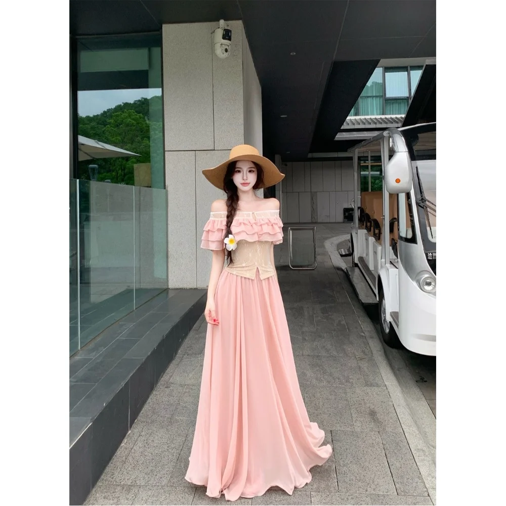 

Lace Splice One Shoulder Chiffon Top Half Skirt Set Women's Fashion Summer Outfit Midi Skirt Set Ultra Wide Hemline