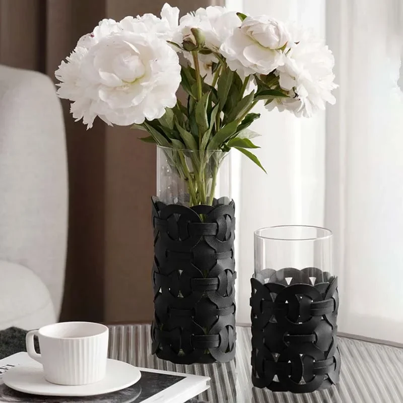 Woven Leather Glass Vase Home Decor Tabletop Vase Ornament Modern Transparent Straight Glass Flower Arrangement Home Accessories