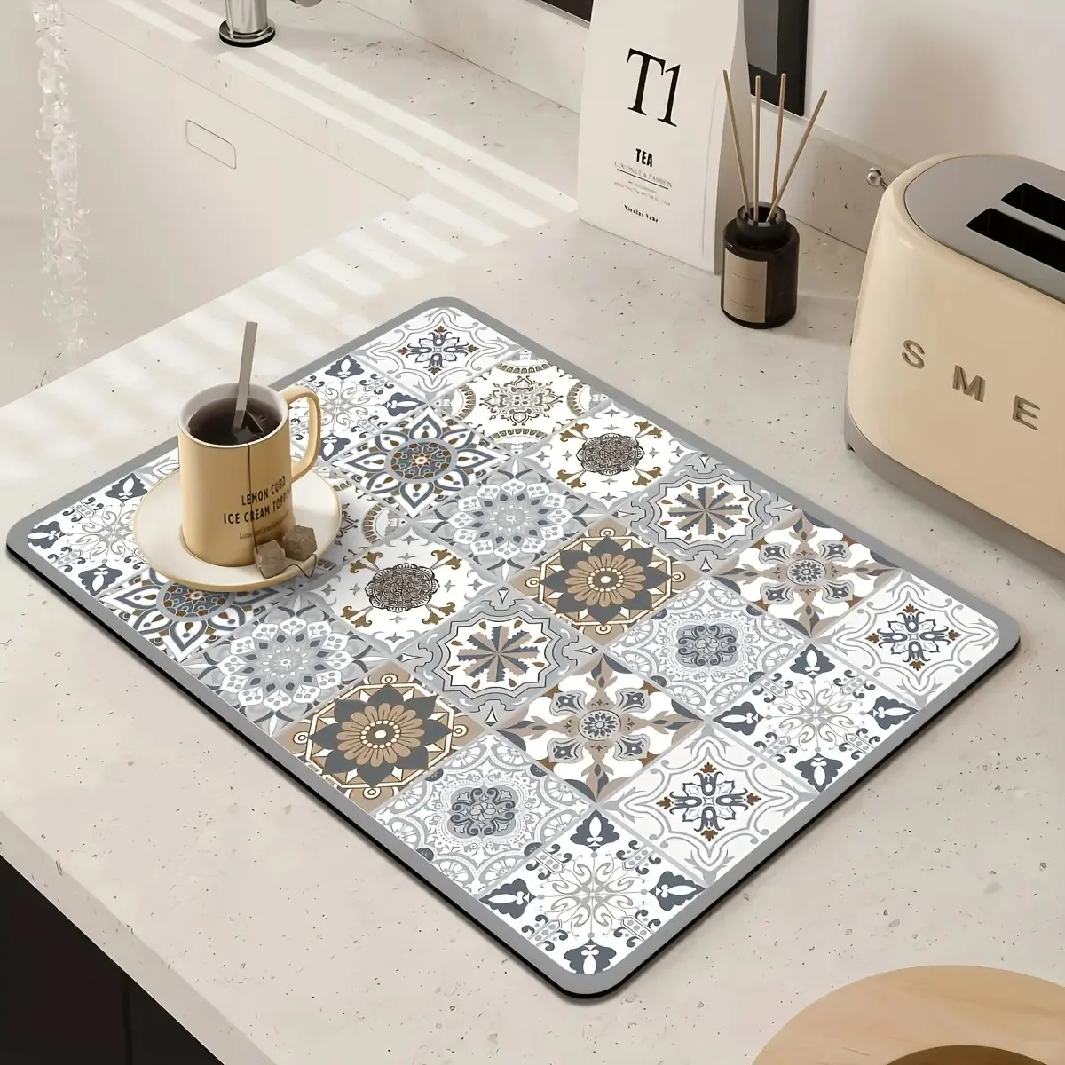 Alfombrilla para encimera de cocina, diseño de azulejos vintage, resistente al aceite y al agua, para mesa de café, bar, comedor, antideslizante, duradera, protector de superficie, accesorio multiusos para el hogar y la cocina, herramienta para preparar comidas diarias, 1 unidad