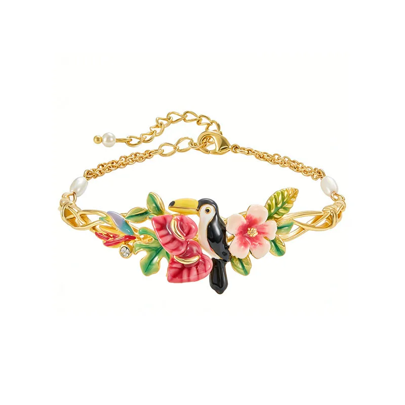 Boho Style Hand Painted Calla Flower Big Mouth Bird Toucan Bracelet Enamel Glaze Tropical Style Bracelet Gold-plated Adjustable