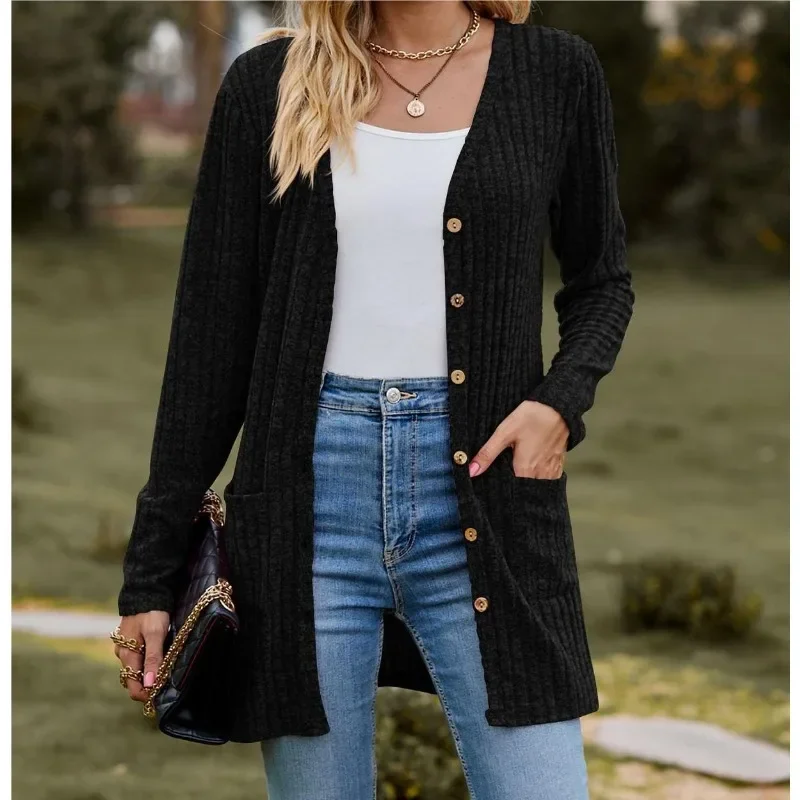 Autumn New Women\'s Milled Pit Stripe V-Neck Solid Colour Button Long Sleeve Ladies Casual Extensions Cardigan Jacket Coat