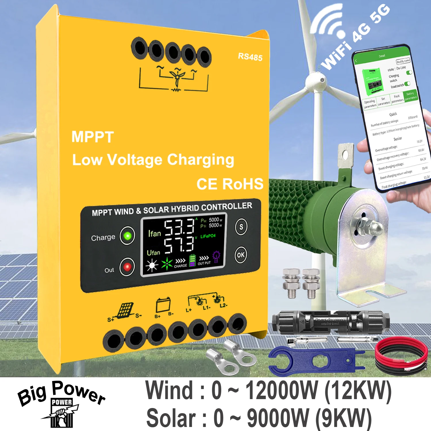 6000W 8000W 9000W MPPT Wind Solar Hybrid Controller Regulator Auto Match 12V 24V 48V Wind 8000W PV 5000W Optional wifi  APP