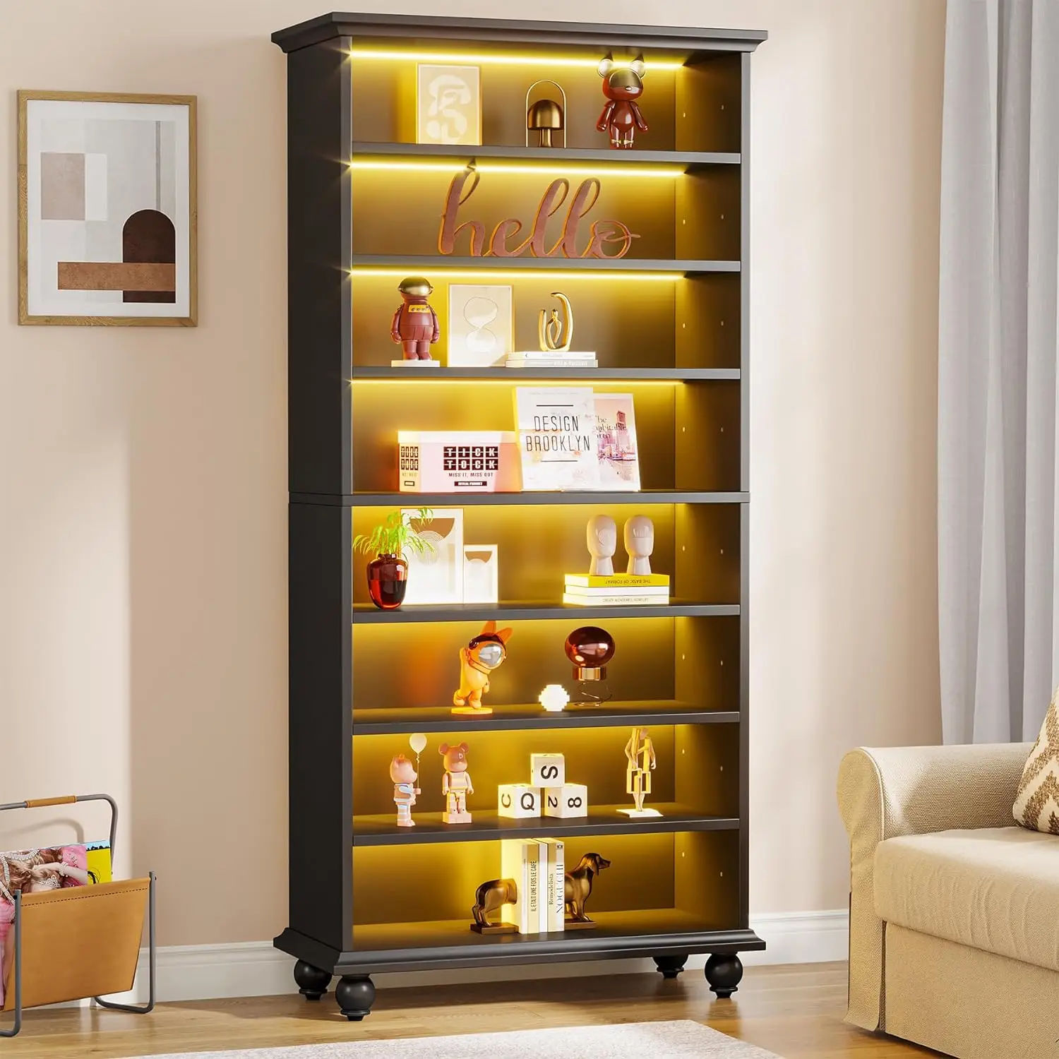 69-Inch Tall Bookcase with LED Lighting, Modern 9-Tier Freestanding Bookshelf with Solid Wood Legs, Wooden Open Display Shelf