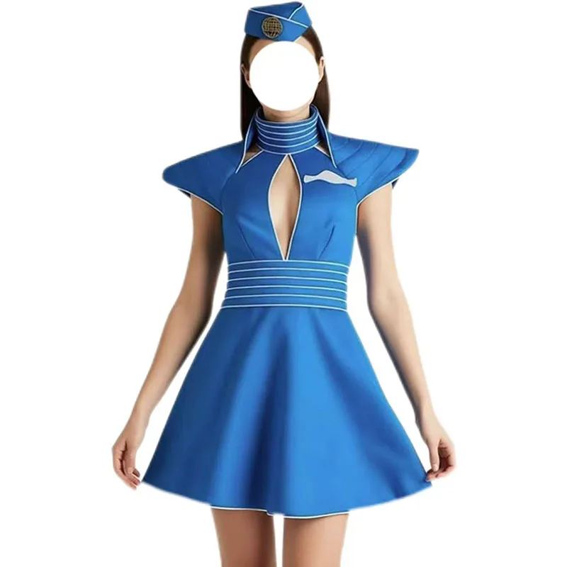 

Britney Cosplay Costumes Blue Flight Attendant Hat Dress Uniform Halloween Carnival Party Outfit For Women Performance 2026 New