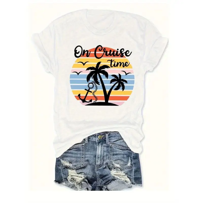 

Women On Cruise Time T-Shirt Retro Sunset Palm Tree Anchor Graphic Tee Short Sleeve Beach Vacation Summer Holiday Top