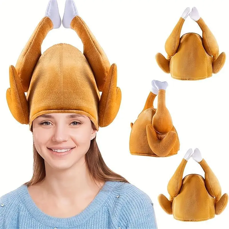 New Plush Roasted Thanksgiving Turkey Hat Novelty Cooked Chicken Bird Secret Santa Fancy Costume Dress Up Party Decoration - view 3