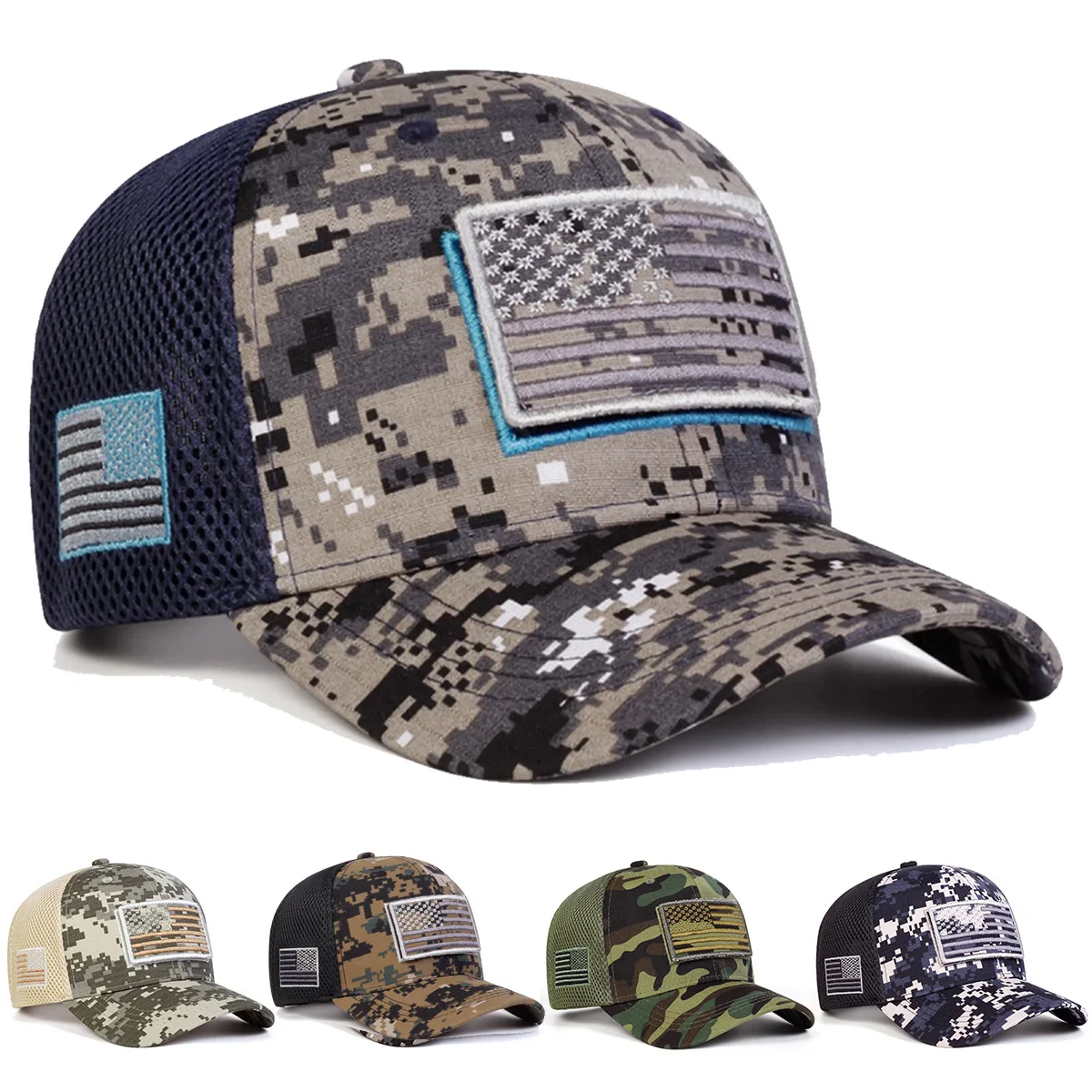 Unisex Best-selling high-quality Personality Sticker Embroidery camouflage baseball caps American flag Velcro cotton Mesh caps