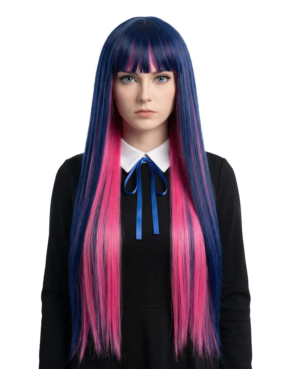 Party Comic Convention Blue Long Straight Synthetic Hair with Bangs Women's Stocking Cosplay Wig