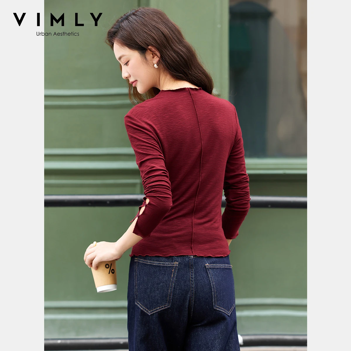 VIMLY Dames Wit Lange Mouw Tops Casual Ruches Ronde Hals Dames Tee Herfst 2025, Elegant Gebreid Stretch T-shirt Femmes A2389