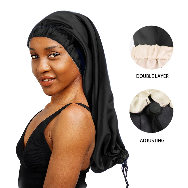 NewWomen Adjustable Long Satin Bonnet Sleep Cap For Long Hair Satin Bonnet For Long Braids Satin Bonnet Cap Night Sleep Hat