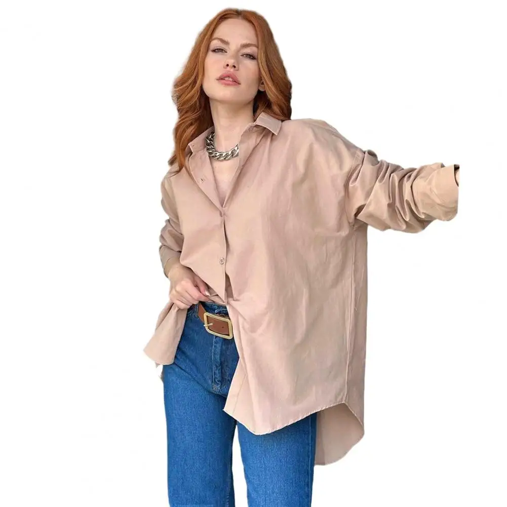 Camisa de lapela de peito único feminina, blusa de manga comprida, blusa irregular com bainha, solta, monocromática, macia, casual, costas divididas