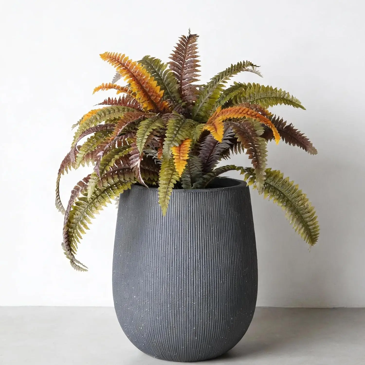 Garden Large Dark Gray Round Planter, Lightweight Magnesium Oxide Cement Plant Pot with a Striped Textured Finish, Raised Pattern Concrete Look, Drainage Hole