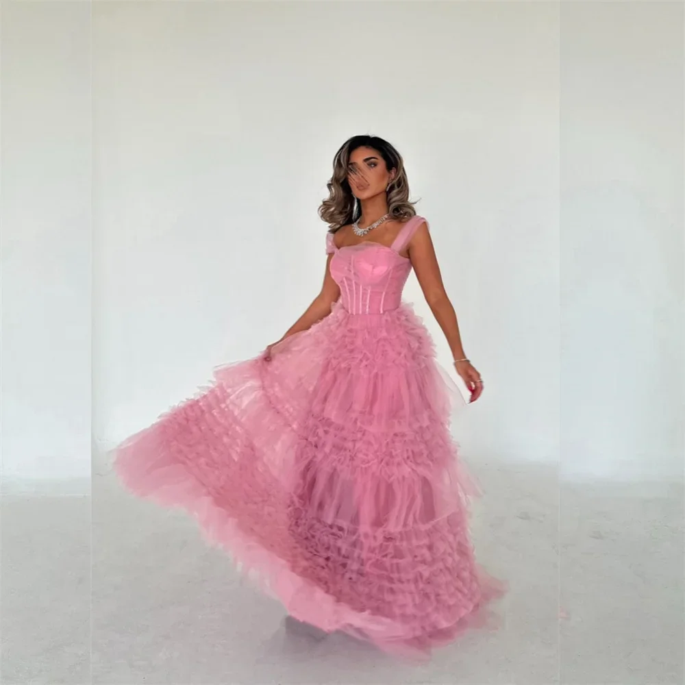 

Customized Saudi Arabia Prom Gown Formal Evening Dearin Shoulder Girdle A-line Floor Length Skirts Tulle Bespoke O