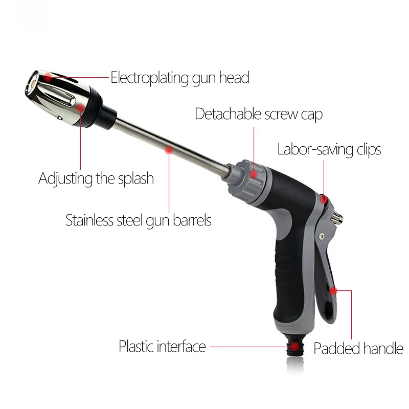 Alloy High-Pressure Car Wash Water Gun with Rubber Handle Long Pole Household Watering Tool Metal Extension WrappedEasy Cleaning