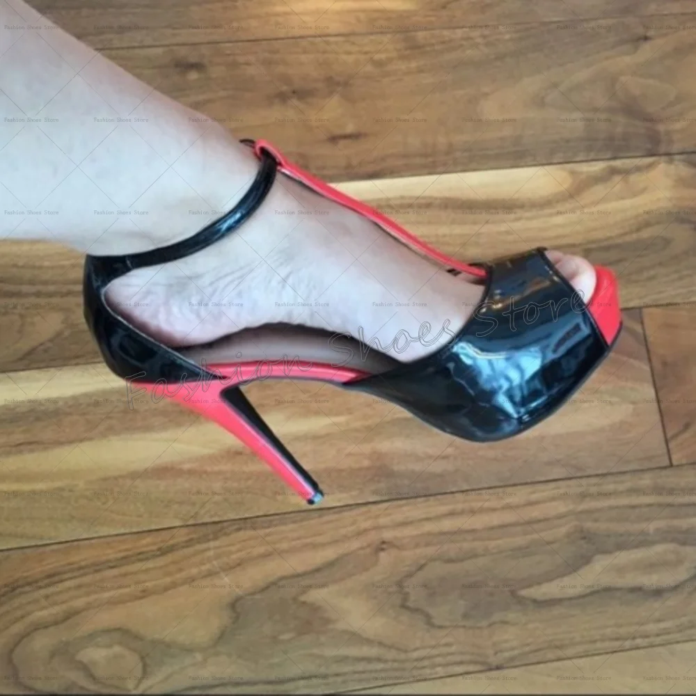 

Black T-strap Peep Toe Platform Sandals Patent leather Women Shoes Thin High Heels Party Banquet Dating 2025 Zapatos Para Mujere