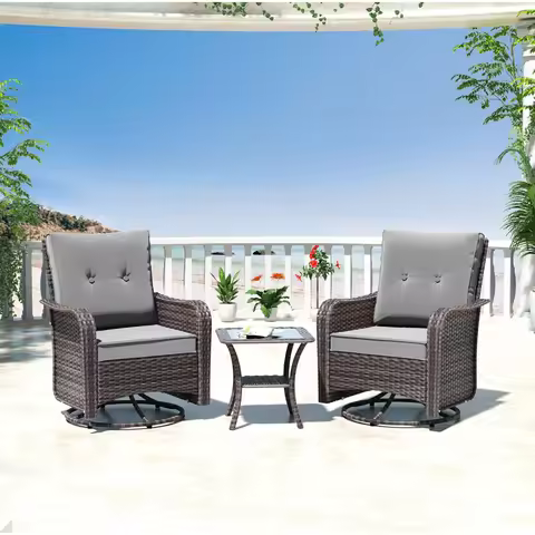 3PCS Wicker Rocking Chair Swivel Chairs, Patio Furniture Set Rattan Rocking Bistro Sets with Coffee Table for Outdoor Porch Deck