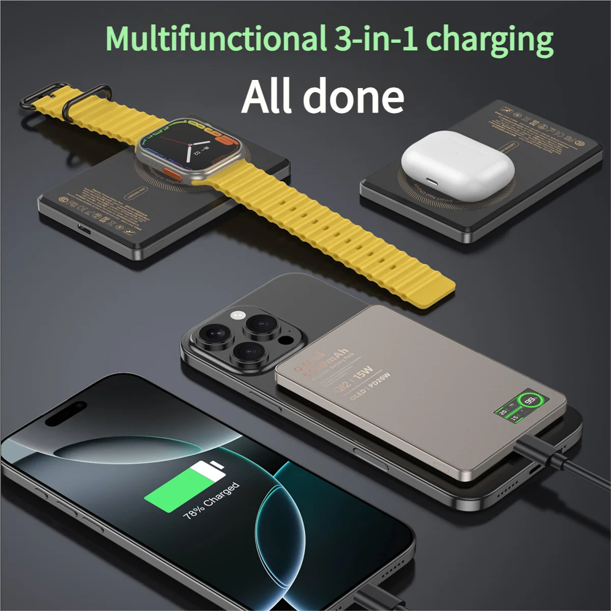 New Alloy Original TFT display Qi2 Powerbank Magnetic 3in1 Wireless Charger Spare Battery Power Bank for iWtach Airpods iPhono image 3